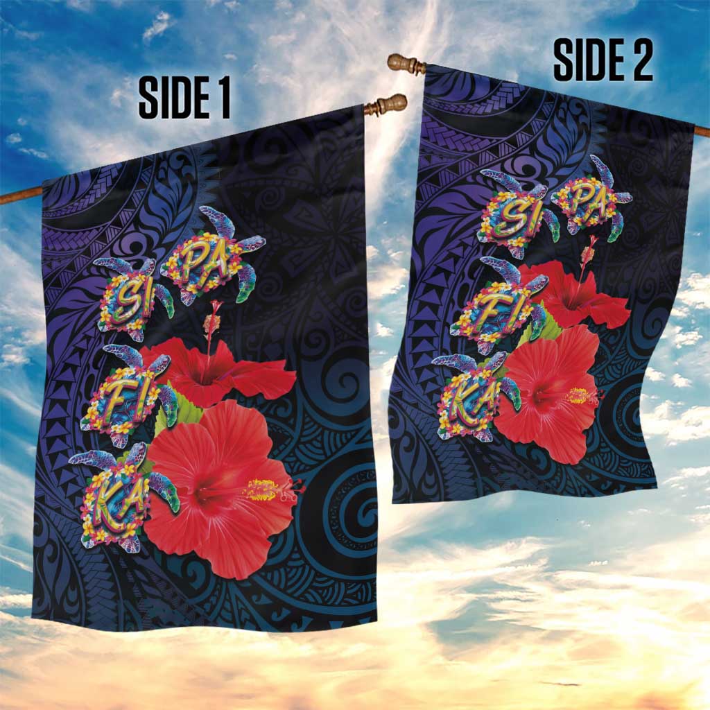 Pasifika Festival Garden Flag Plumeria Turtles with Hibiscus - Polynesian Art Tattoo Dark Navy Color LT03 - Polynesian Pride