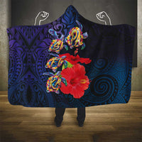 Pasifika Festival Hooded Blanket Plumeria Turtles with Hibiscus - Polynesian Art Tattoo Dark Navy Color LT03 - Polynesian Pride