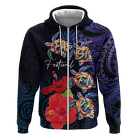Pasifika Festival Hoodie Plumeria Turtles with Hibiscus - Polynesian Art Tattoo Dark Navy Color LT03 Zip Hoodie Dark Navy - Polynesian Pride