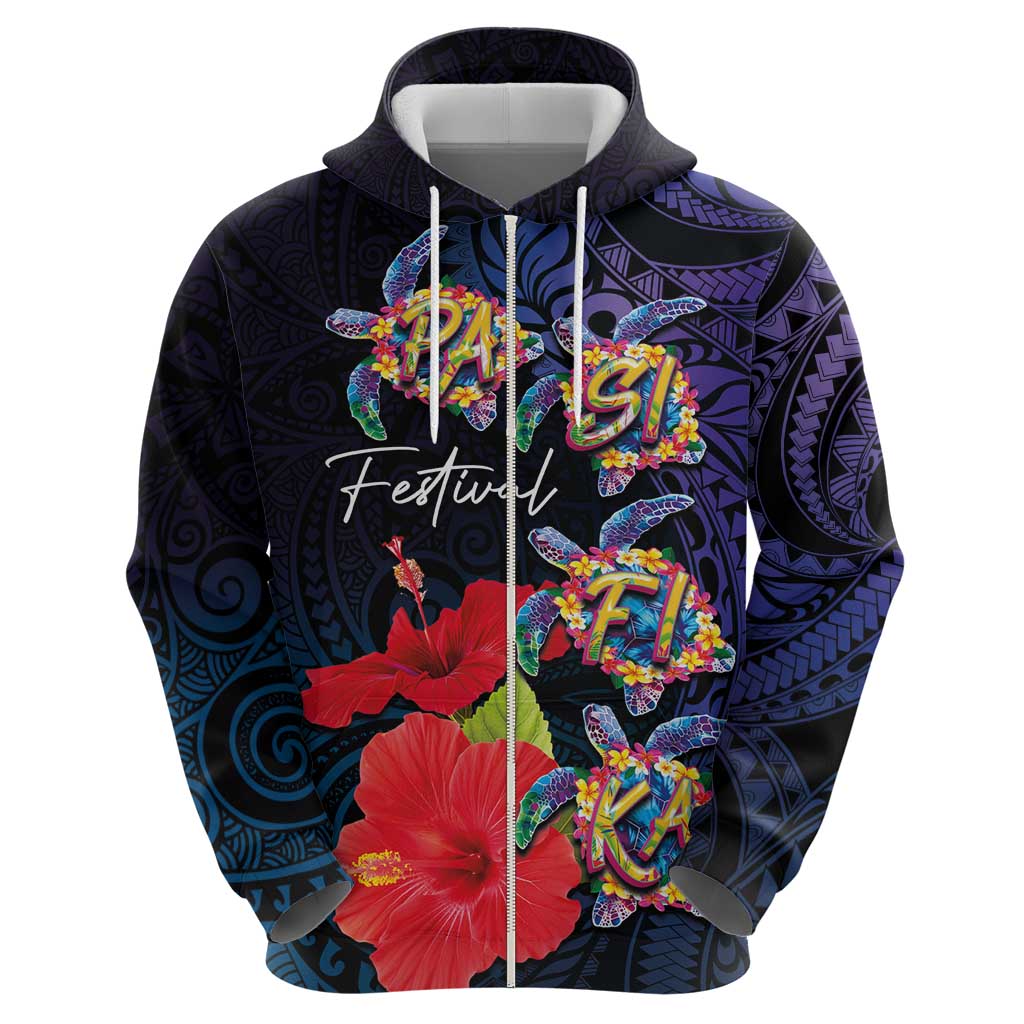 Pasifika Festival Hoodie Plumeria Turtles with Hibiscus - Polynesian Art Tattoo Dark Navy Color LT03 - Polynesian Pride