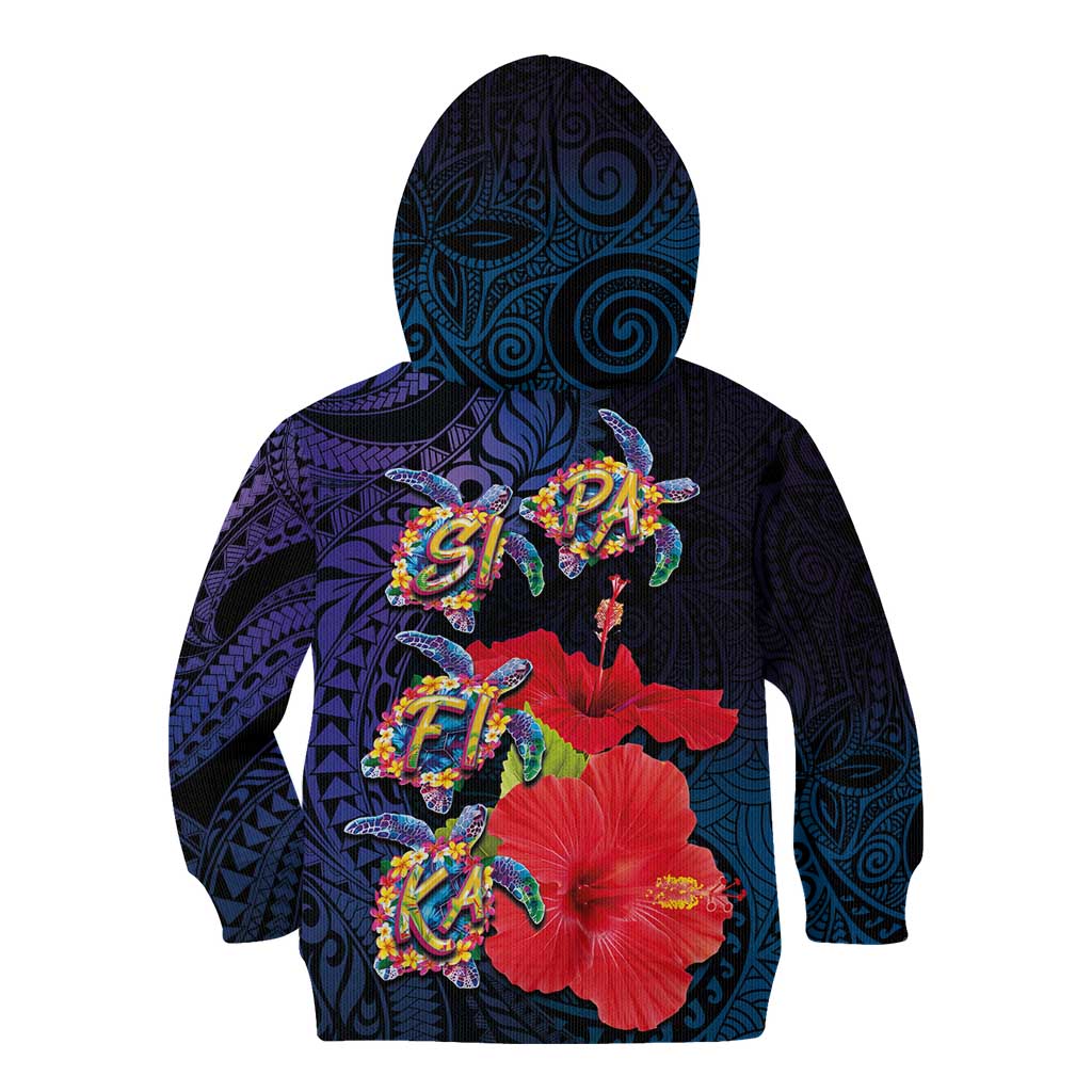 Pasifika Festival Kid Hoodie Plumeria Turtles with Hibiscus - Polynesian Art Tattoo Dark Navy Color LT03 - Polynesian Pride
