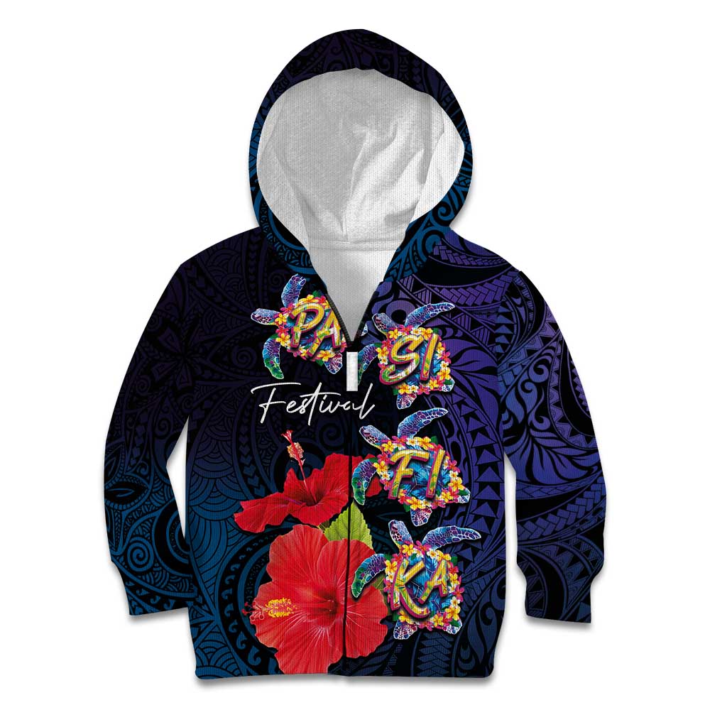 Pasifika Festival Kid Hoodie Plumeria Turtles with Hibiscus - Polynesian Art Tattoo Dark Navy Color LT03 Zip Hoodie Dark Navy - Polynesian Pride