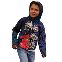 Pasifika Festival Kid Hoodie Plumeria Turtles with Hibiscus - Polynesian Art Tattoo Dark Navy Color LT03 - Polynesian Pride