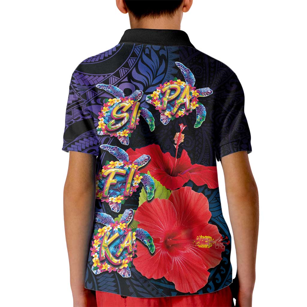 Pasifika Festival Kid Polo Shirt Plumeria Turtles with Hibiscus - Polynesian Art Tattoo Dark Navy Color