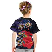 Pasifika Festival Kid T Shirt Plumeria Turtles with Hibiscus - Polynesian Art Tattoo Dark Navy Color