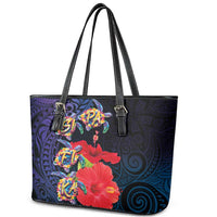 Pasifika Festival Leather Tote Bag Plumeria Turtles with Hibiscus - Polynesian Art Tattoo Dark Navy Color