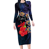 Pasifika Festival Long Sleeve Bodycon Dress Plumeria Turtles with Hibiscus - Polynesian Art Tattoo Dark Navy Color LT03 Long Dress Dark Navy - Polynesian Pride