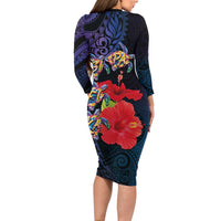Pasifika Festival Long Sleeve Bodycon Dress Plumeria Turtles with Hibiscus - Polynesian Art Tattoo Dark Navy Color LT03 - Polynesian Pride
