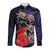Pasifika Festival Long Sleeve Button Shirt Plumeria Turtles with Hibiscus - Polynesian Art Tattoo Dark Navy Color