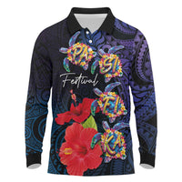 Pasifika Festival Long Sleeve Polo Shirt Plumeria Turtles with Hibiscus - Polynesian Art Tattoo Dark Navy Color