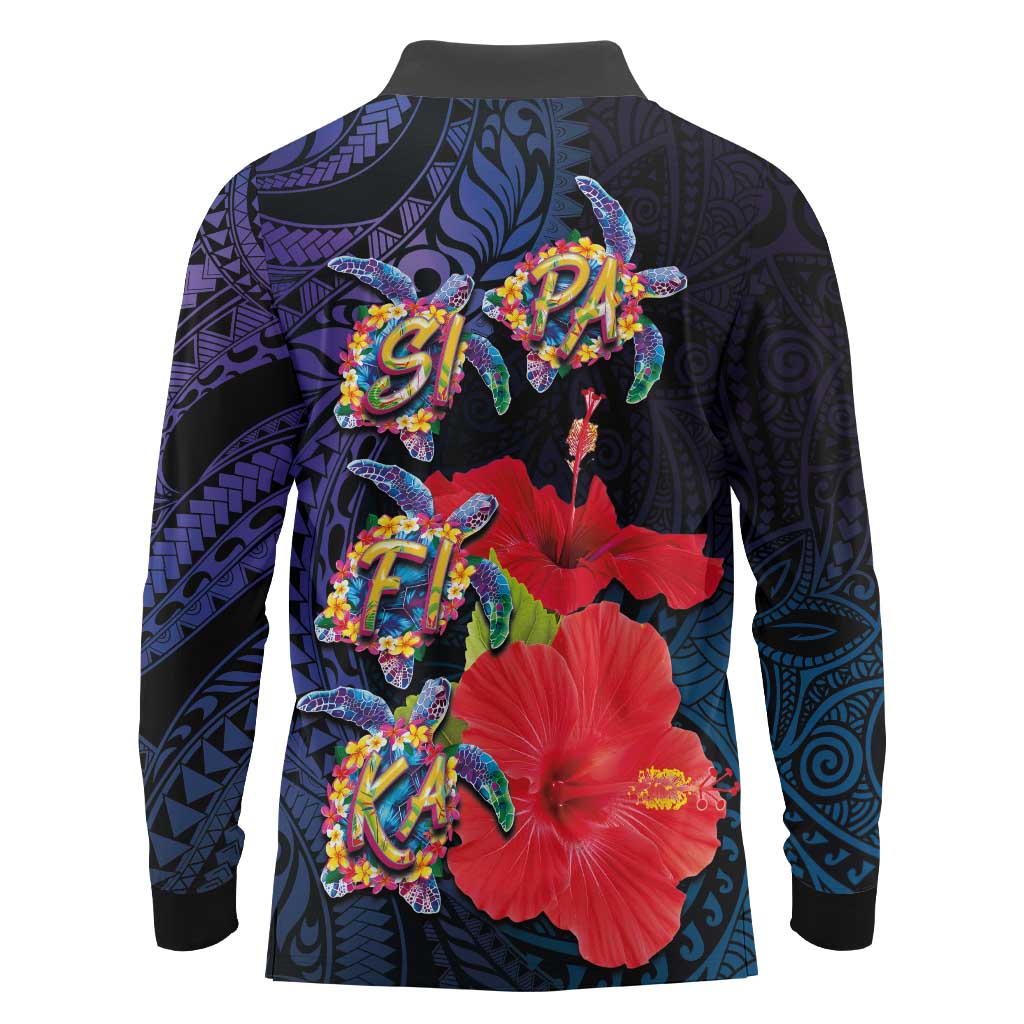 Pasifika Festival Long Sleeve Polo Shirt Plumeria Turtles with Hibiscus - Polynesian Art Tattoo Dark Navy Color