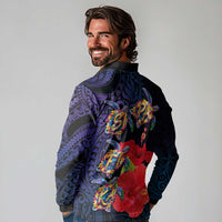 Pasifika Festival Long Sleeve Polo Shirt Plumeria Turtles with Hibiscus - Polynesian Art Tattoo Dark Navy Color