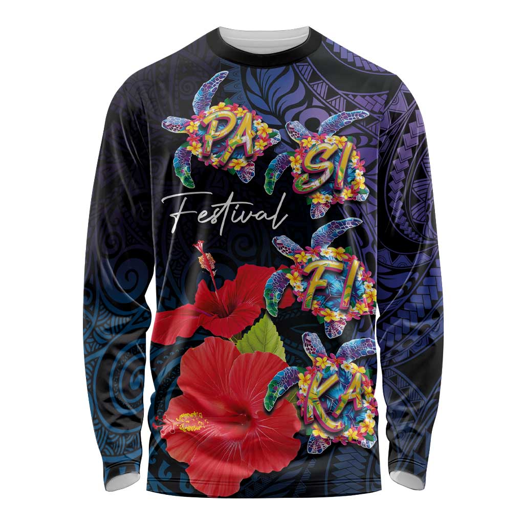 Pasifika Festival Long Sleeve Shirt Plumeria Turtles with Hibiscus - Polynesian Art Tattoo Dark Navy Color LT03 Unisex Dark Navy - Polynesian Pride