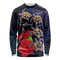 Pasifika Festival Long Sleeve Shirt Plumeria Turtles with Hibiscus - Polynesian Art Tattoo Dark Navy Color LT03 Unisex Dark Navy - Polynesian Pride