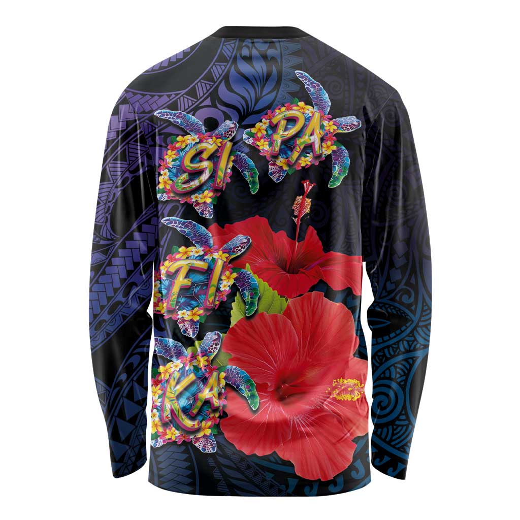 Pasifika Festival Long Sleeve Shirt Plumeria Turtles with Hibiscus - Polynesian Art Tattoo Dark Navy Color LT03 - Polynesian Pride
