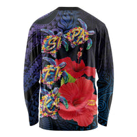 Pasifika Festival Long Sleeve Shirt Plumeria Turtles with Hibiscus - Polynesian Art Tattoo Dark Navy Color LT03 - Polynesian Pride
