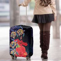 Pasifika Festival Luggage Cover Plumeria Turtles with Hibiscus - Polynesian Art Tattoo Dark Navy Color