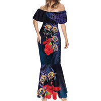 Pasifika Festival Mermaid Dress Plumeria Turtles with Hibiscus - Polynesian Art Tattoo Dark Navy Color LT03 - Polynesian Pride