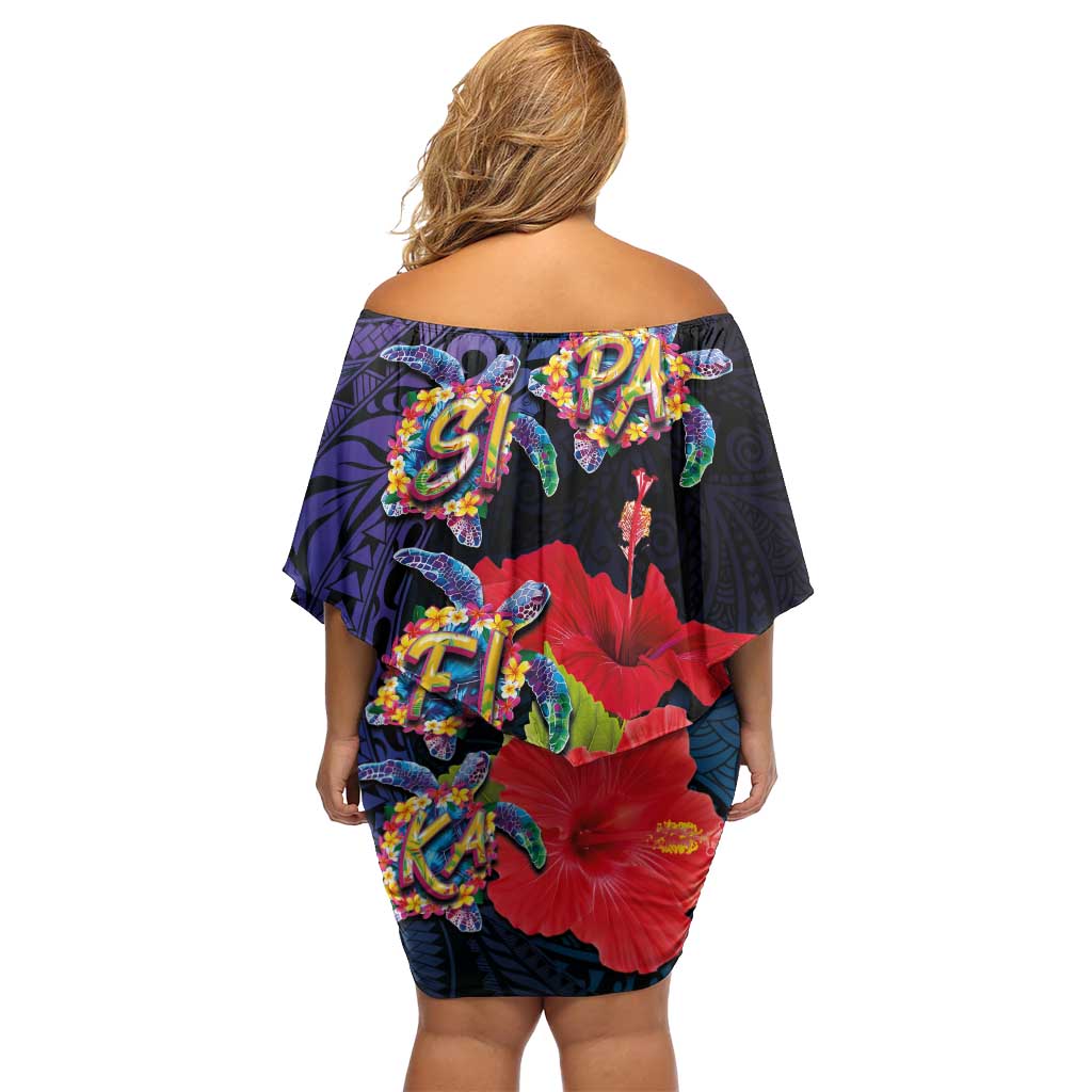 Pasifika Festival Off Shoulder Short Dress Plumeria Turtles with Hibiscus - Polynesian Art Tattoo Dark Navy Color LT03 - Polynesian Pride