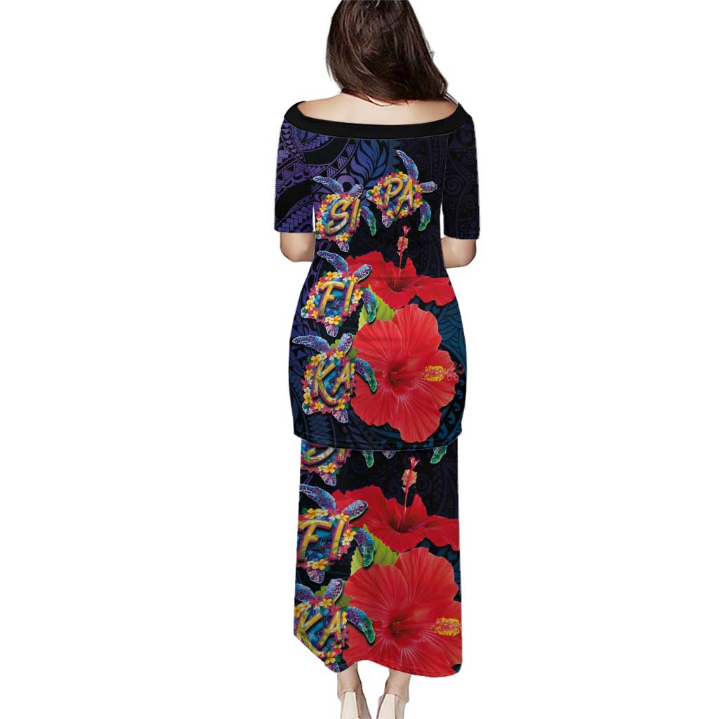 Pasifika Festival Puletasi Plumeria Turtles with Hibiscus - Polynesian Art Tattoo Dark Navy Color LT03 - Polynesian Pride