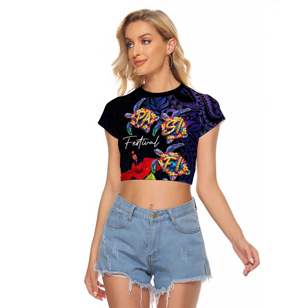 Pasifika Festival Raglan Cropped T Shirt Plumeria Turtles with Hibiscus - Polynesian Art Tattoo Dark Navy Color