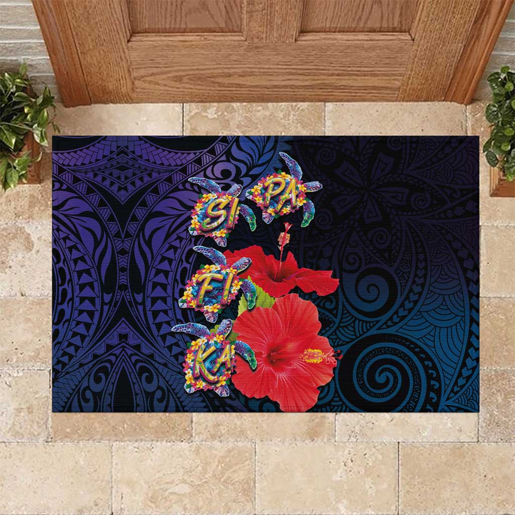 Pasifika Festival Rubber Doormat Plumeria Turtles with Hibiscus - Polynesian Art Tattoo Dark Navy Color
