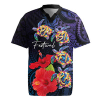 Pasifika Festival Rugby Jersey Plumeria Turtles with Hibiscus - Polynesian Art Tattoo Dark Navy Color LT03 Dark Navy - Polynesian Pride