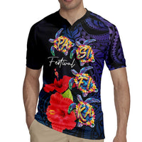 Pasifika Festival Rugby Jersey Plumeria Turtles with Hibiscus - Polynesian Art Tattoo Dark Navy Color LT03 - Polynesian Pride
