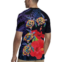 Pasifika Festival Rugby Jersey Plumeria Turtles with Hibiscus - Polynesian Art Tattoo Dark Navy Color LT03 - Polynesian Pride