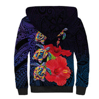 Pasifika Festival Sherpa Hoodie Plumeria Turtles with Hibiscus - Polynesian Art Tattoo Dark Navy Color LT03 - Polynesian Pride