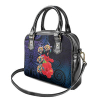 Pasifika Festival Shoulder Handbag Plumeria Turtles with Hibiscus - Polynesian Art Tattoo Dark Navy Color