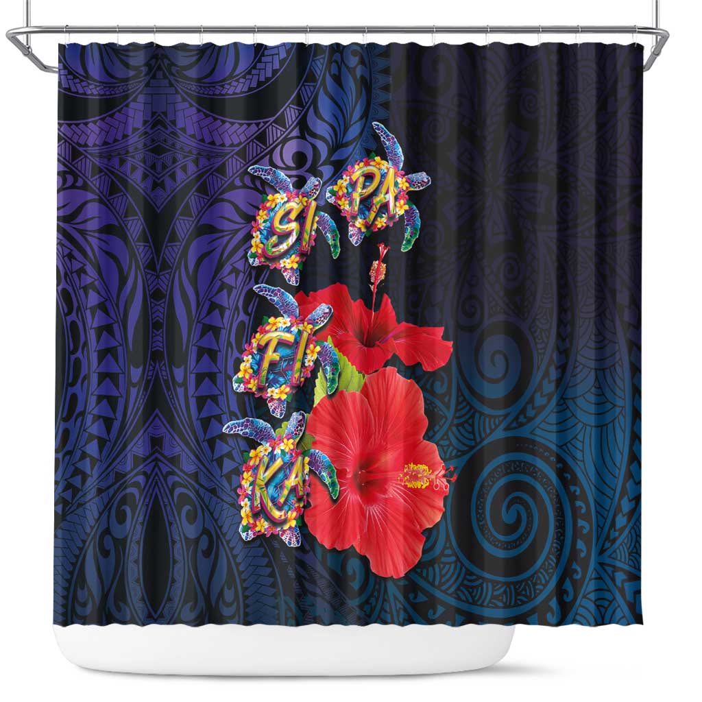 Pasifika Festival Shower Curtain Plumeria Turtles with Hibiscus - Polynesian Art Tattoo Dark Navy Color LT03 Dark Navy - Polynesian Pride