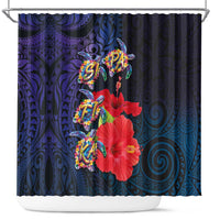 Pasifika Festival Shower Curtain Plumeria Turtles with Hibiscus - Polynesian Art Tattoo Dark Navy Color LT03 Dark Navy - Polynesian Pride
