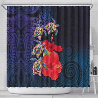 Pasifika Festival Shower Curtain Plumeria Turtles with Hibiscus - Polynesian Art Tattoo Dark Navy Color LT03 - Polynesian Pride