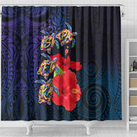 Pasifika Festival Shower Curtain Plumeria Turtles with Hibiscus - Polynesian Art Tattoo Dark Navy Color LT03 - Polynesian Pride