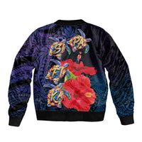 Pasifika Festival Sleeve Zip Bomber Jacket Plumeria Turtles with Hibiscus - Polynesian Art Tattoo Dark Navy Color