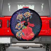 Pasifika Festival Spare Tire Cover Plumeria Turtles with Hibiscus - Polynesian Art Tattoo Dark Navy Color LT03 - Polynesian Pride
