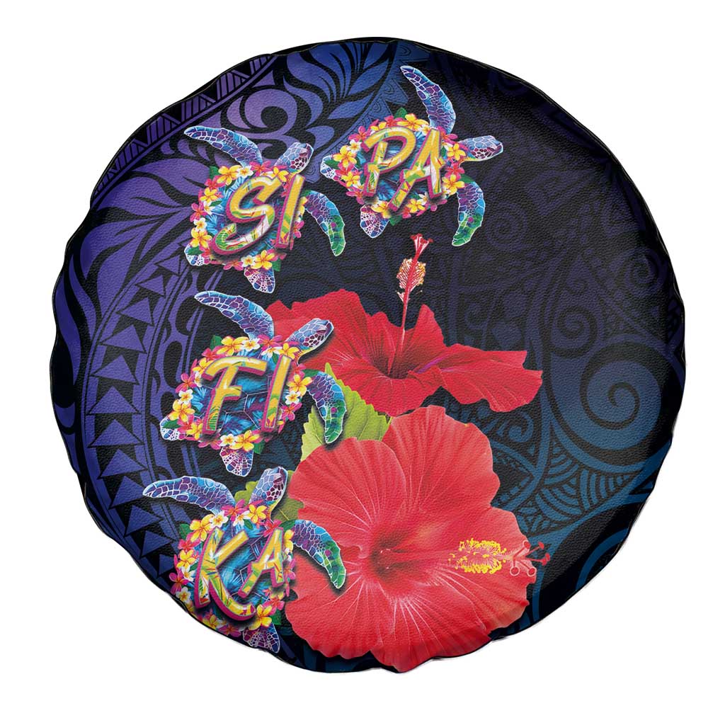 Pasifika Festival Spare Tire Cover Plumeria Turtles with Hibiscus - Polynesian Art Tattoo Dark Navy Color LT03 - Polynesian Pride