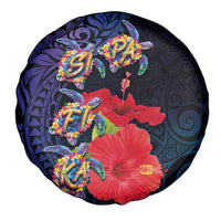 Pasifika Festival Spare Tire Cover Plumeria Turtles with Hibiscus - Polynesian Art Tattoo Dark Navy Color LT03 - Polynesian Pride