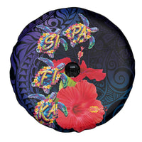 Pasifika Festival Spare Tire Cover Plumeria Turtles with Hibiscus - Polynesian Art Tattoo Dark Navy Color LT03 - Polynesian Pride
