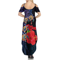 Pasifika Festival Summer Maxi Dress Plumeria Turtles with Hibiscus - Polynesian Art Tattoo Dark Navy Color LT03 - Polynesian Pride