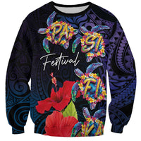 Pasifika Festival Sweatshirt Plumeria Turtles with Hibiscus - Polynesian Art Tattoo Dark Navy Color
