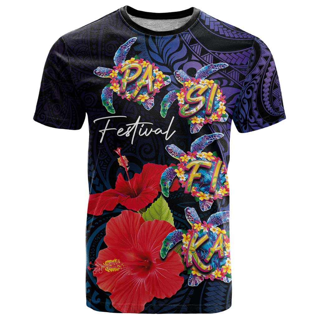 Pasifika Festival T Shirt Plumeria Turtles with Hibiscus - Polynesian Art Tattoo Dark Navy Color