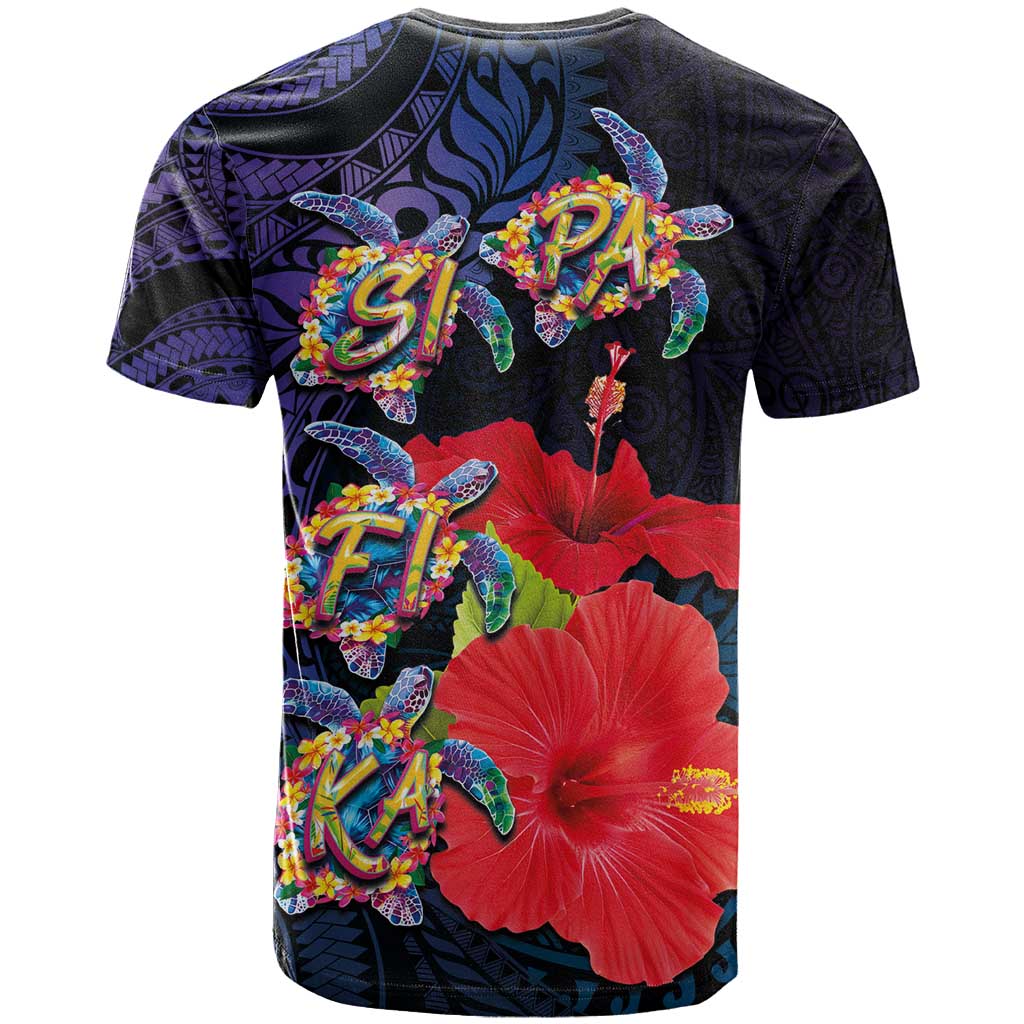 Pasifika Festival T Shirt Plumeria Turtles with Hibiscus - Polynesian Art Tattoo Dark Navy Color