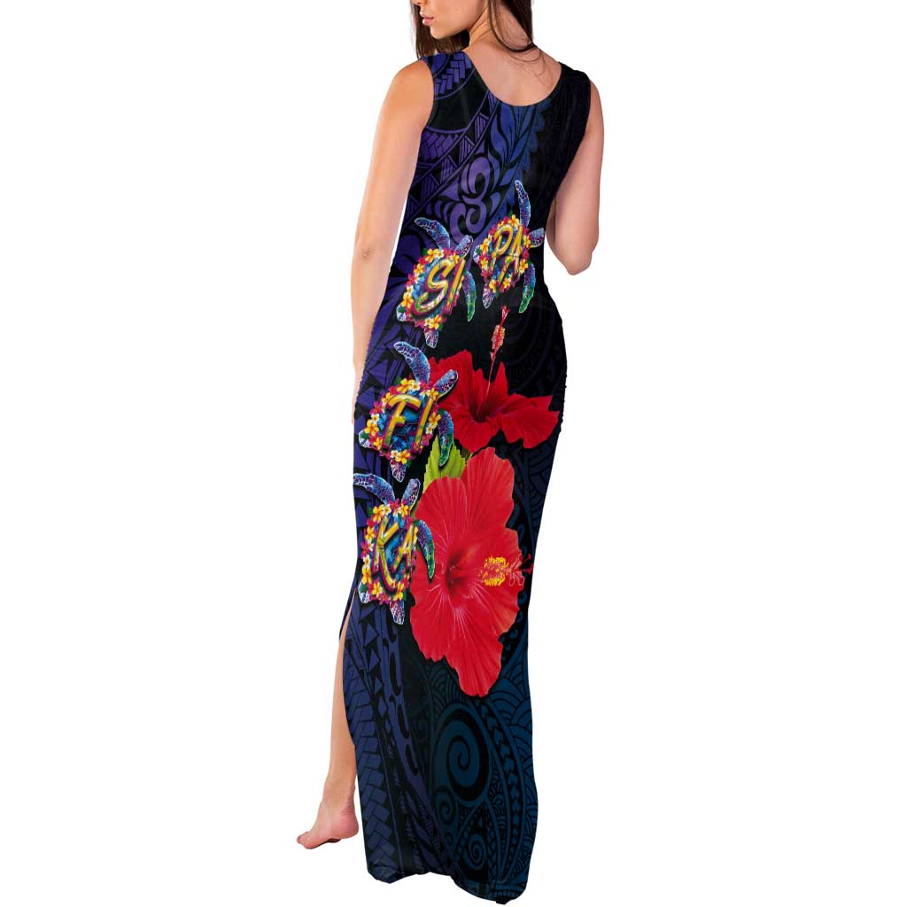 Pasifika Festival Tank Maxi Dress Plumeria Turtles with Hibiscus - Polynesian Art Tattoo Dark Navy Color LT03 - Polynesian Pride