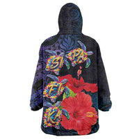 Pasifika Festival Wearable Blanket Hoodie Plumeria Turtles with Hibiscus - Polynesian Art Tattoo Dark Navy Color LT03 - Polynesian Pride