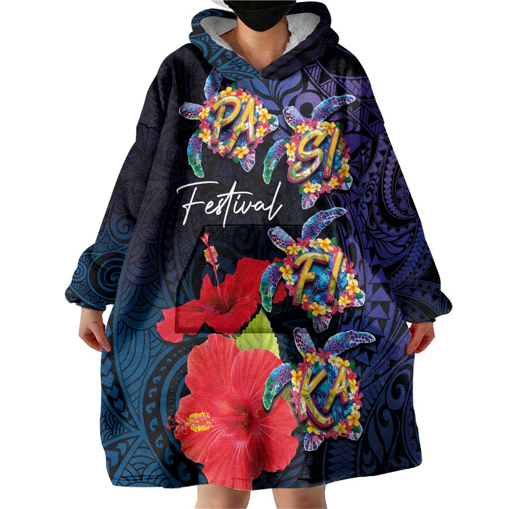 Pasifika Festival Wearable Blanket Hoodie Plumeria Turtles with Hibiscus - Polynesian Art Tattoo Dark Navy Color LT03 - Polynesian Pride