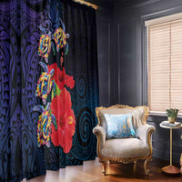 Pasifika Festival Window Curtain Plumeria Turtles with Hibiscus - Polynesian Art Tattoo Dark Navy Color