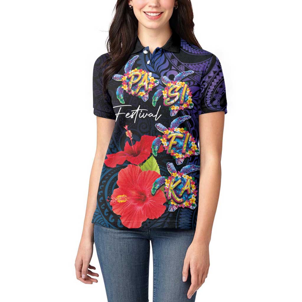 Pasifika Festival Women Polo Shirt Plumeria Turtles with Hibiscus - Polynesian Art Tattoo Dark Navy Color LT03 - Polynesian Pride