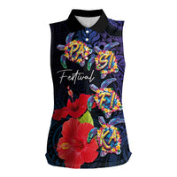 Pasifika Festival Women Sleeveless Polo Shirt Plumeria Turtles with Hibiscus - Polynesian Art Tattoo Dark Navy Color